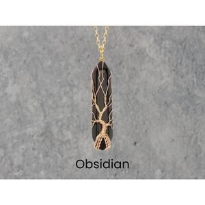 Obsidian Gold Tree of Life Crystal Wrapped Necklace Boho Fairycore